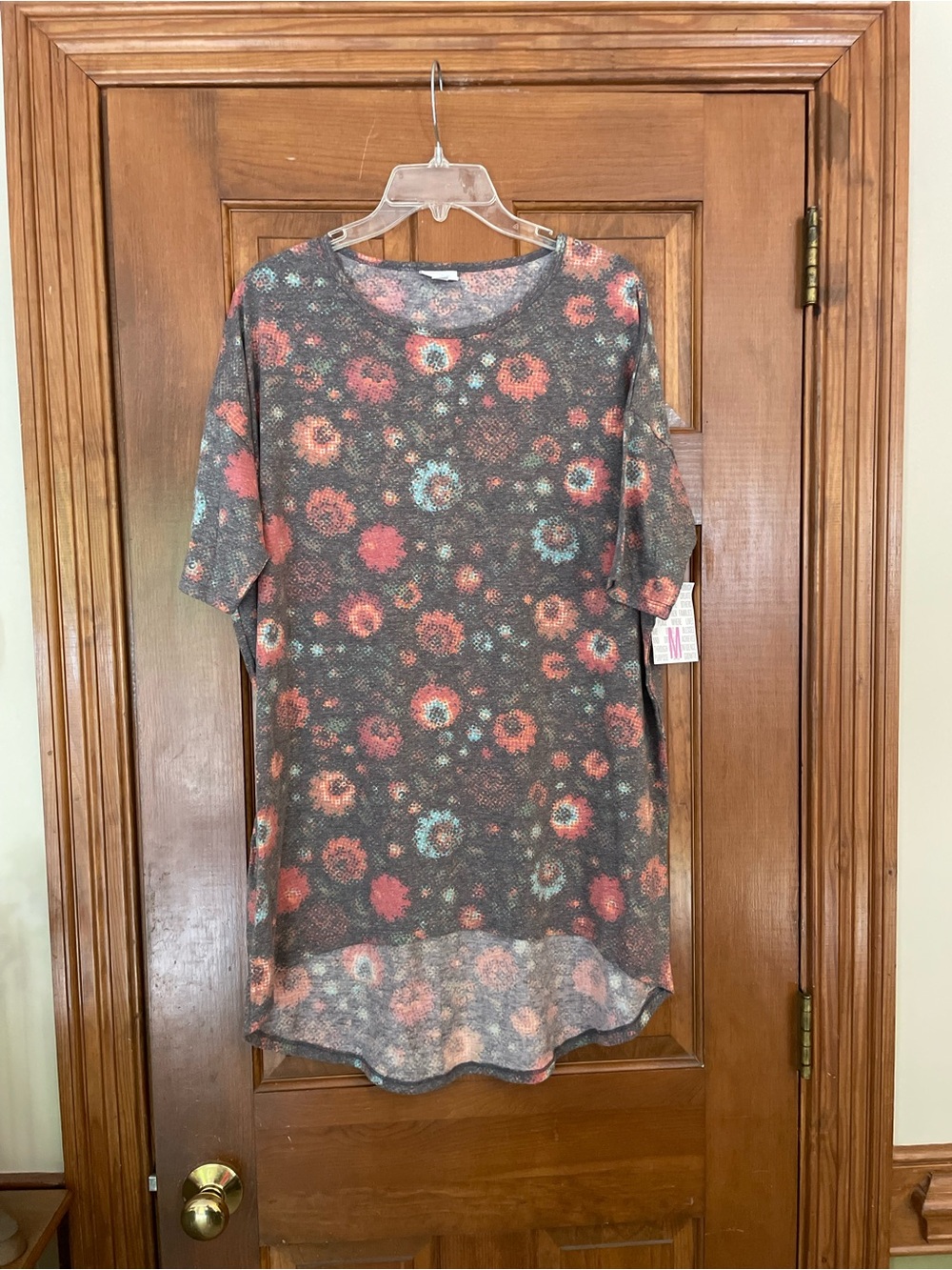 LuLaRoe Floral Tunic in Coral and Teal on Soft Grayish Brown, NWT, Size Medium